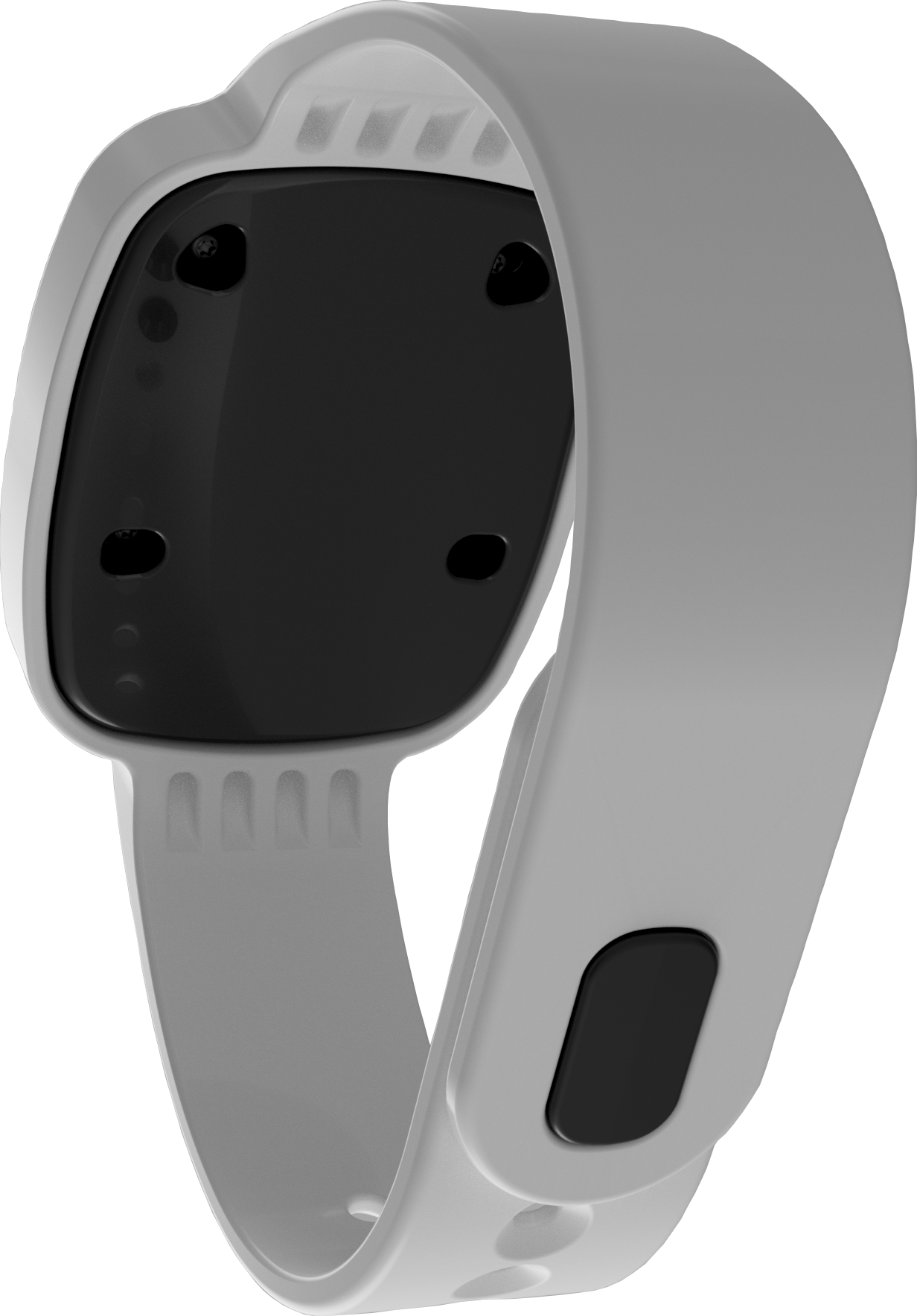 A rear view of a modern wearable device resembling a alert band, featuring a smooth white strap and a black central unit. The design includes screw mounts and sensor openings, likely for skin contact or health monitoring.